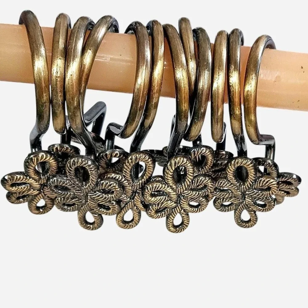 Set of 12 Gold Tone Metal Shower Curtain Hooks With An Antique Finish